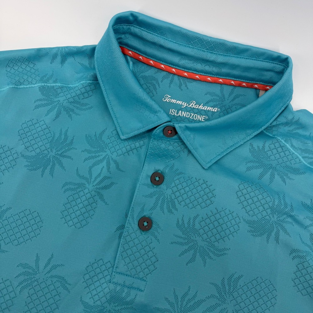 Tommy Bahama Polo Mens Large Blue IslandZone Pineapple Performance Short‎ Sleeve